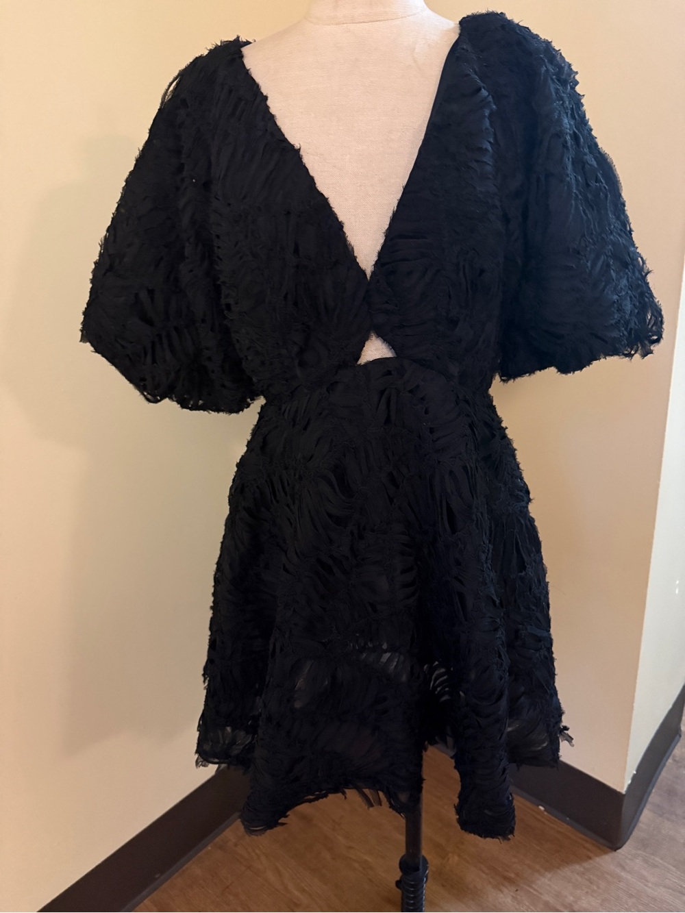 Aje Black Textured V-Neck Mini Dress with Puff Sleeves